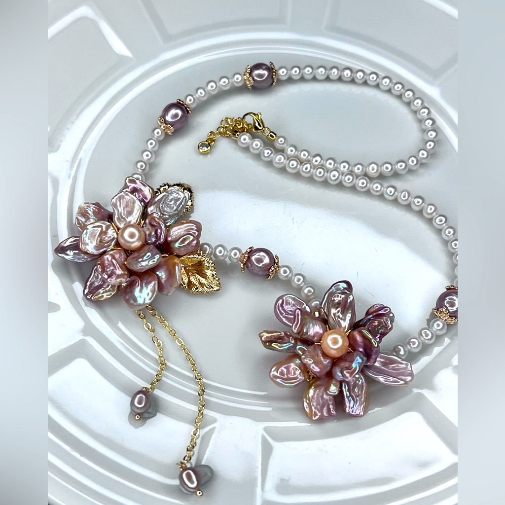 Custom Handmade Rare Freshwater Unicorn Keshi Pearl Flower Necklace